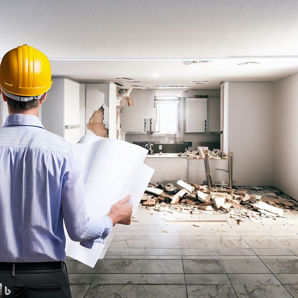 Imagem de um engenheiro com um laudo na mão analisando a remoção de uma parede para abrir o espaço da cozinha